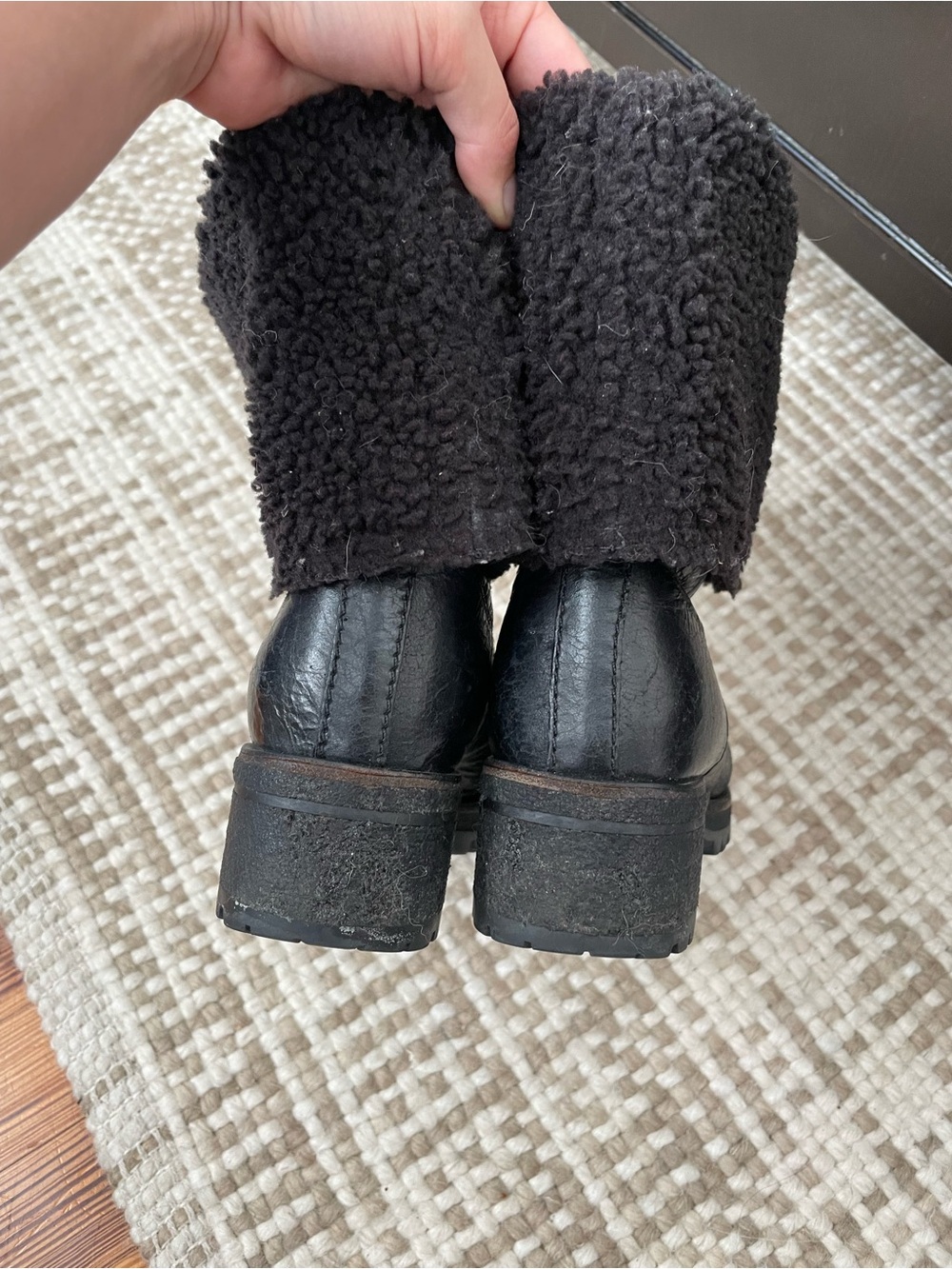Prada Women's Black Shearling Cuff Leather Ankle Boots - Picture 3 of 4